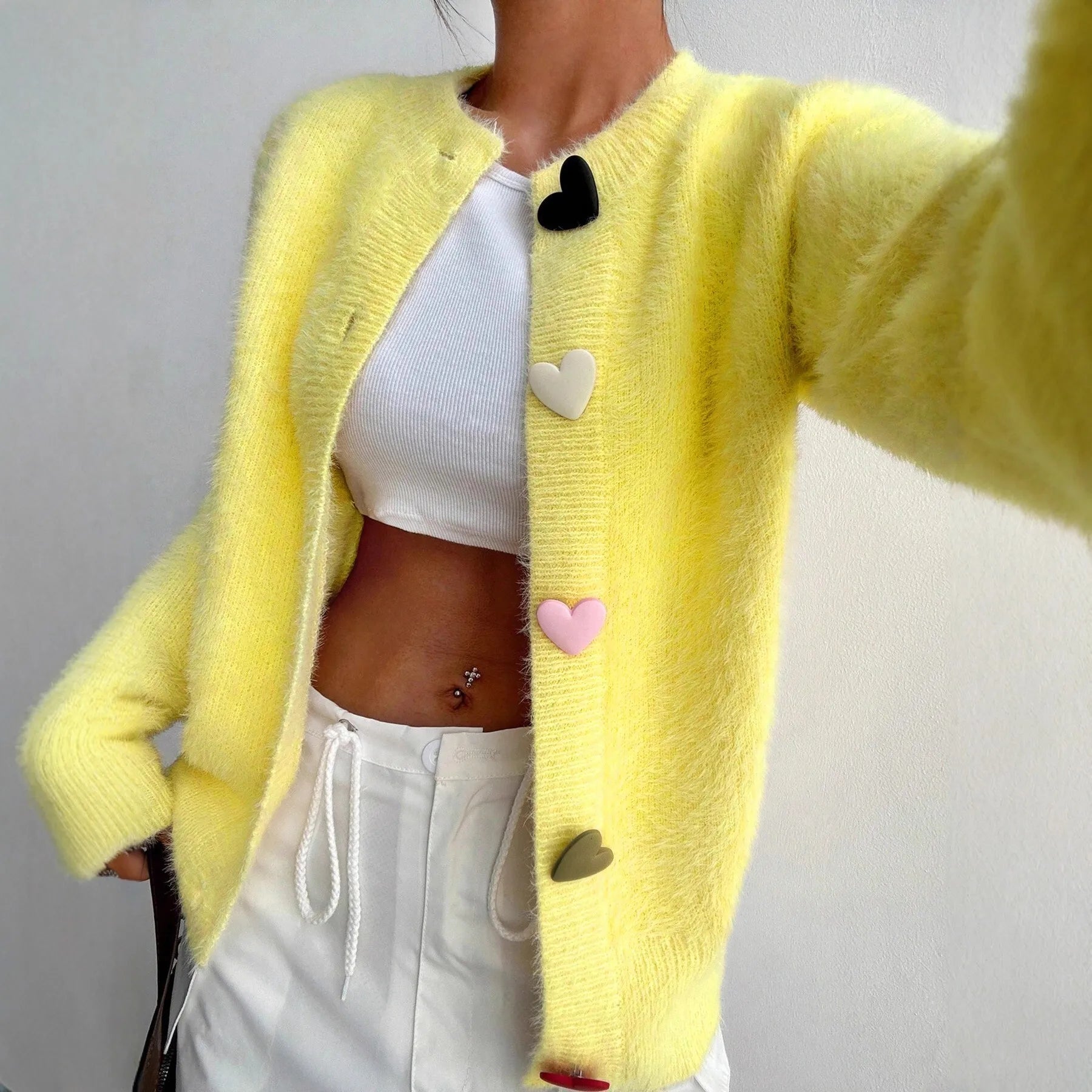 Women’s Fuzzy Yellow Cardigan Sweater | Soft Button-Up Heart Detail Knit Cardigan Cozy Casual Outerwear