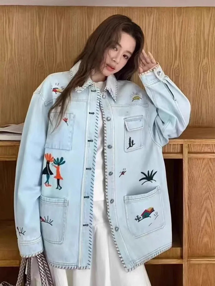 Women’s Oversized Embroidered Denim Jacket | Artistic Vintage Light Wash Casual Shacket