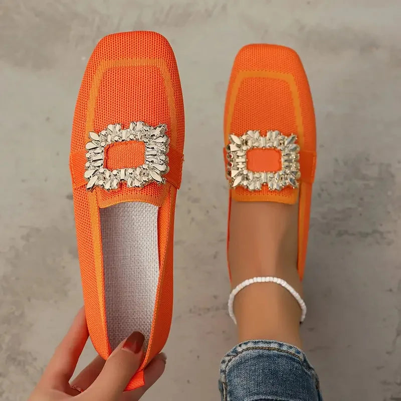 Women’s Embellished Loafer Flats – Elegant Square Toe Slip-On Shoes for Casual, Office & Party Wear