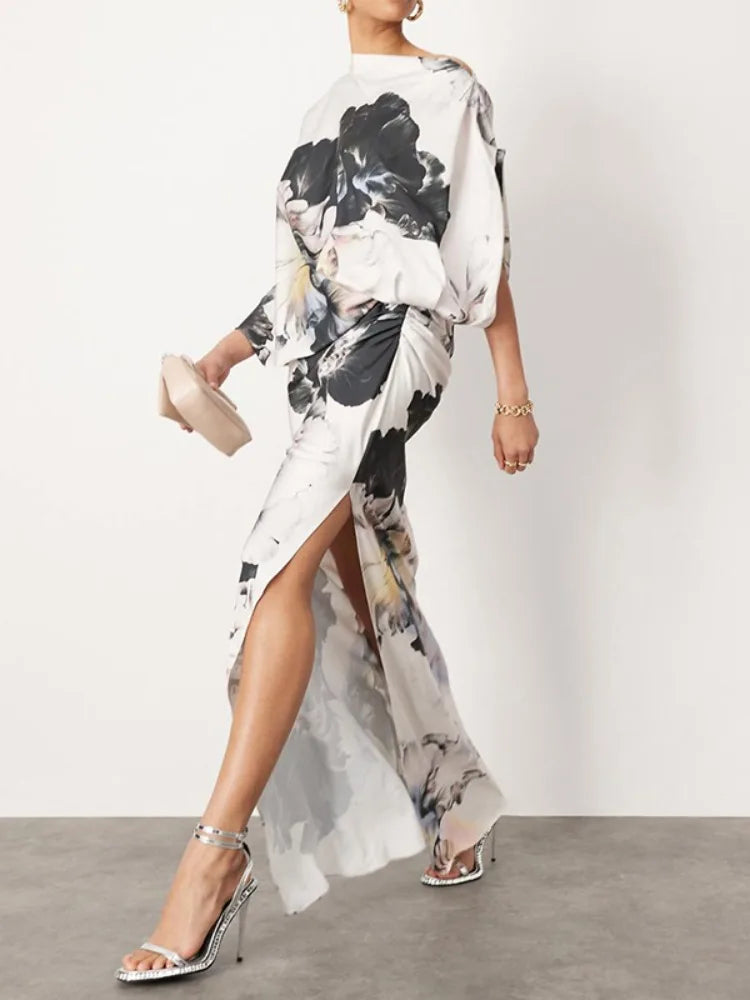 Women’s Black & White Floral Maxi Dress | Elegant One Shoulder Draped Evening Gown with High Slit