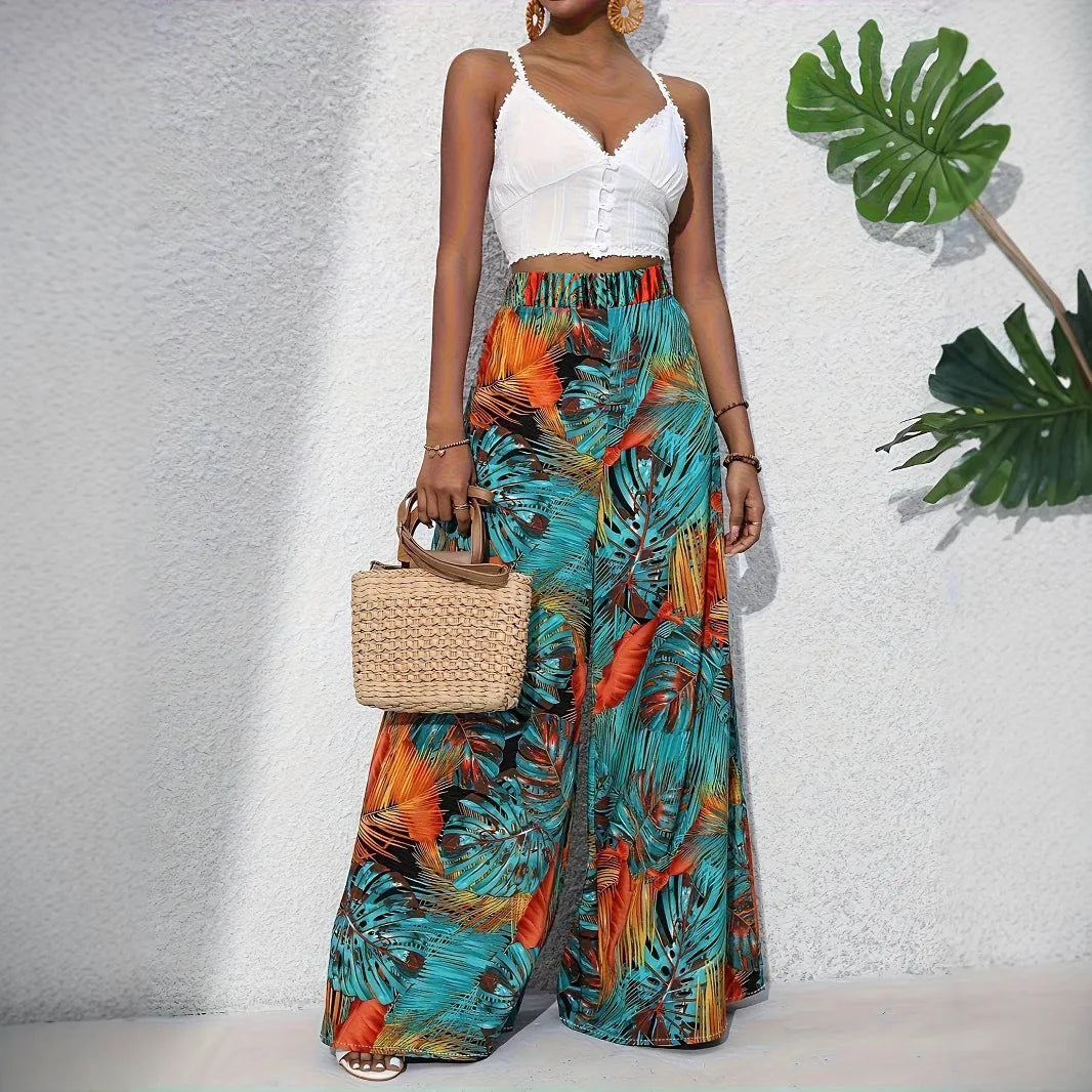 Women Tropical Print Wide Leg Palazzo Pants High Waist Beach Trousers