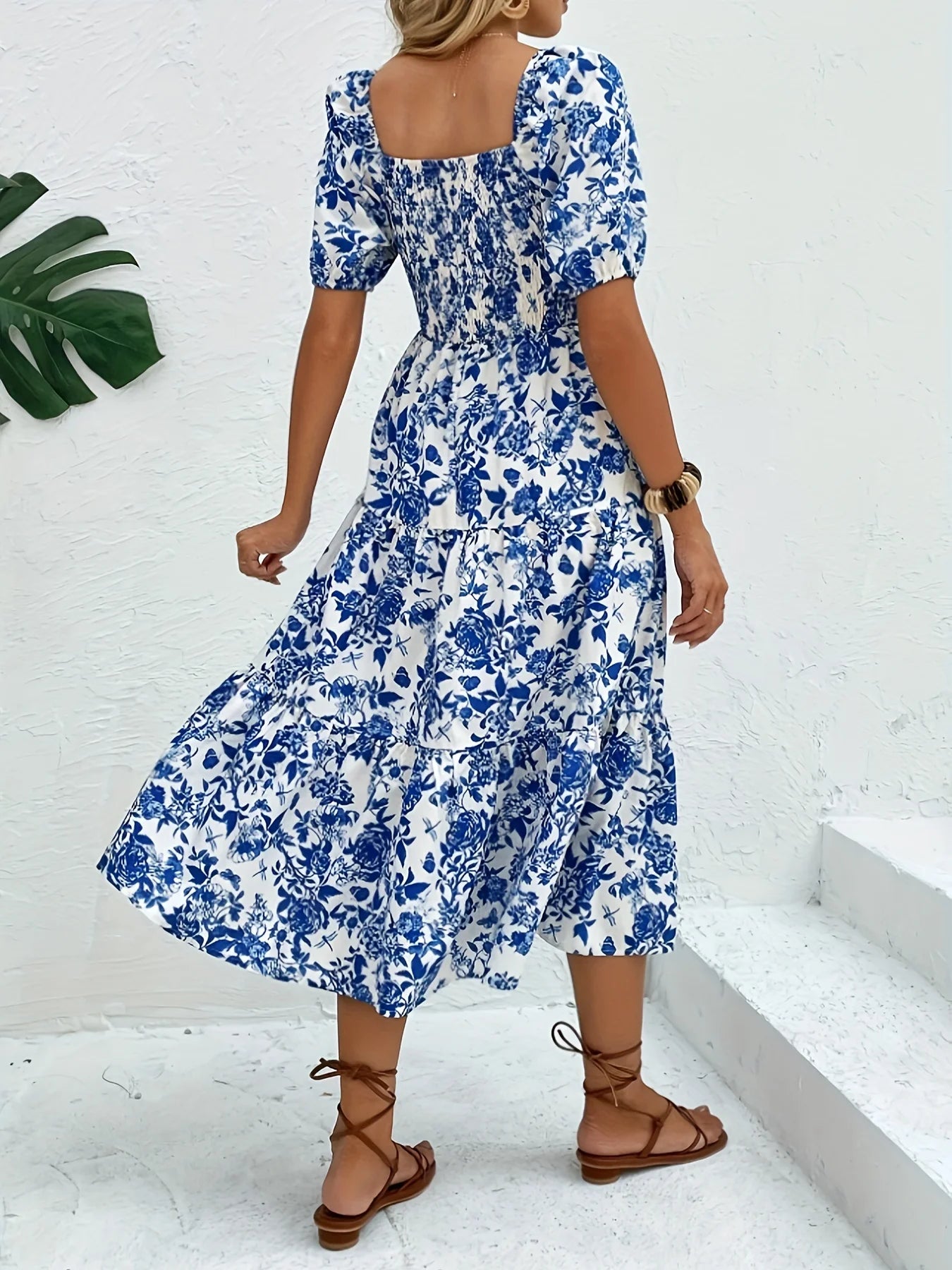 Women’s Blue Floral Midi Dress | Vintage Puff Sleeve Smocked Summer Dress for Vacations & Garden Parties