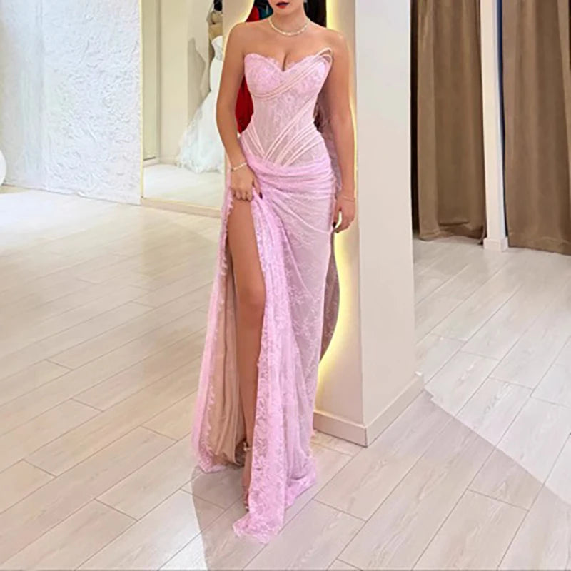 Women’s Blush Pink Lace Corset Evening Gown | Strapless High Slit Maxi Dress for Prom, Galas & Formal Events
