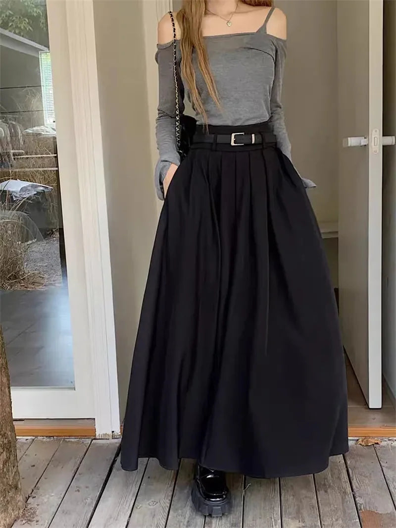 Women High Waist Flowy Maxi Skirt Elegant Pleated A Line Long Skirt