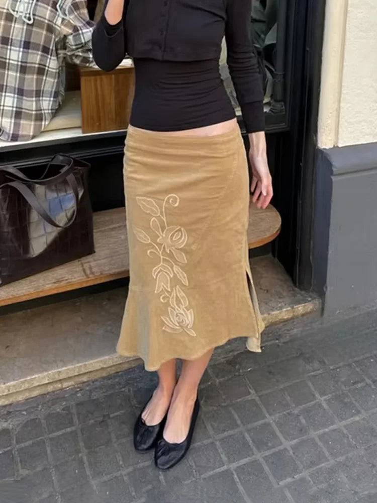 Women Vintage Embroidered Midi Skirt High Waist Elegant A Line Skirt