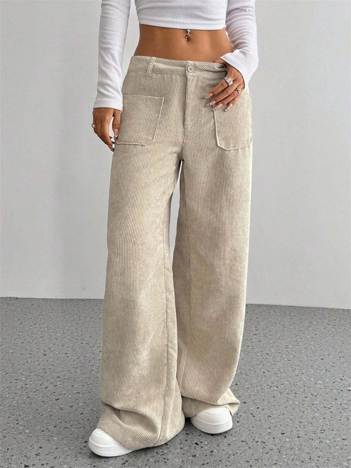 Women High Waist Corduroy Wide Leg Pants Casual Relaxed Fit Trousers