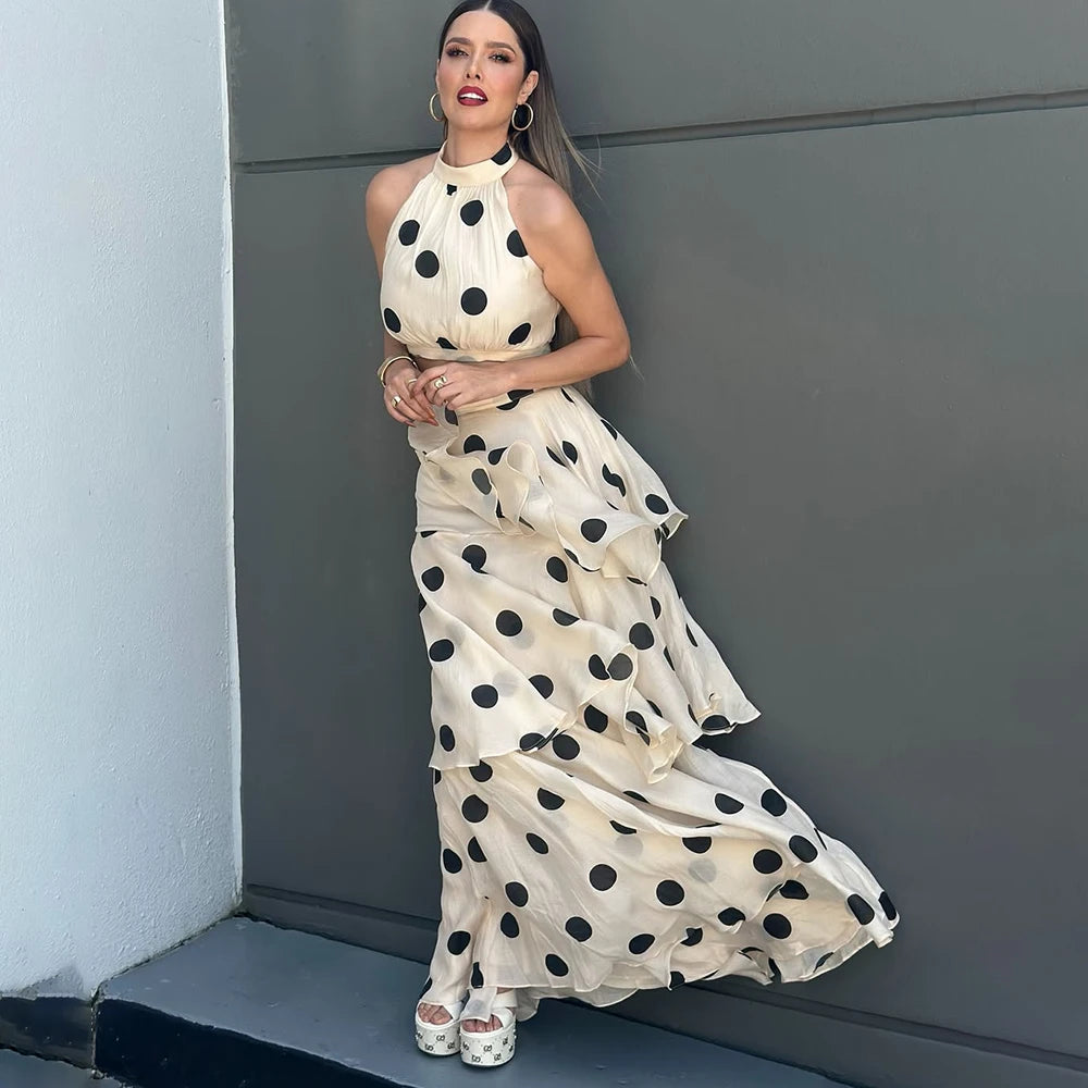 Women's Polka Dot Halter Crop Top & Tiered Maxi Skirt Co-Ord Set | Elegant Two Piece Occasion Outfit