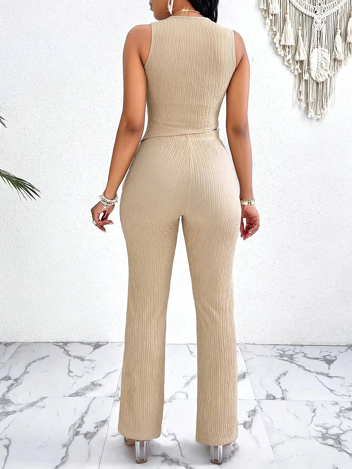 Women's Ribbed Fringe Top & Wide Leg Trouser Co-Ord Set | Boho Chic Two Piece Outfit