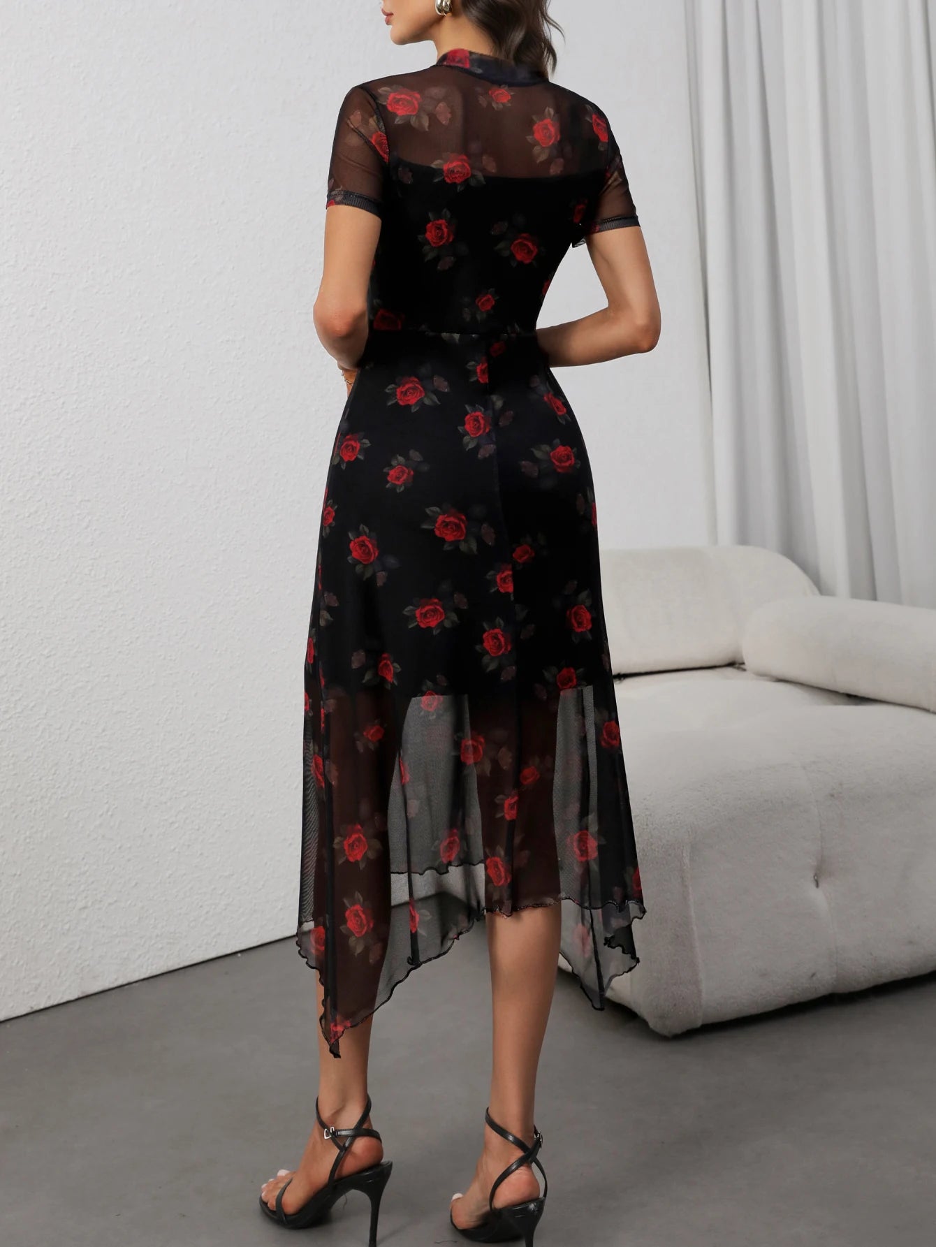 Floral Mesh Midi Dress Women | Sheer Short Sleeve Bodycon Elegant Dress
