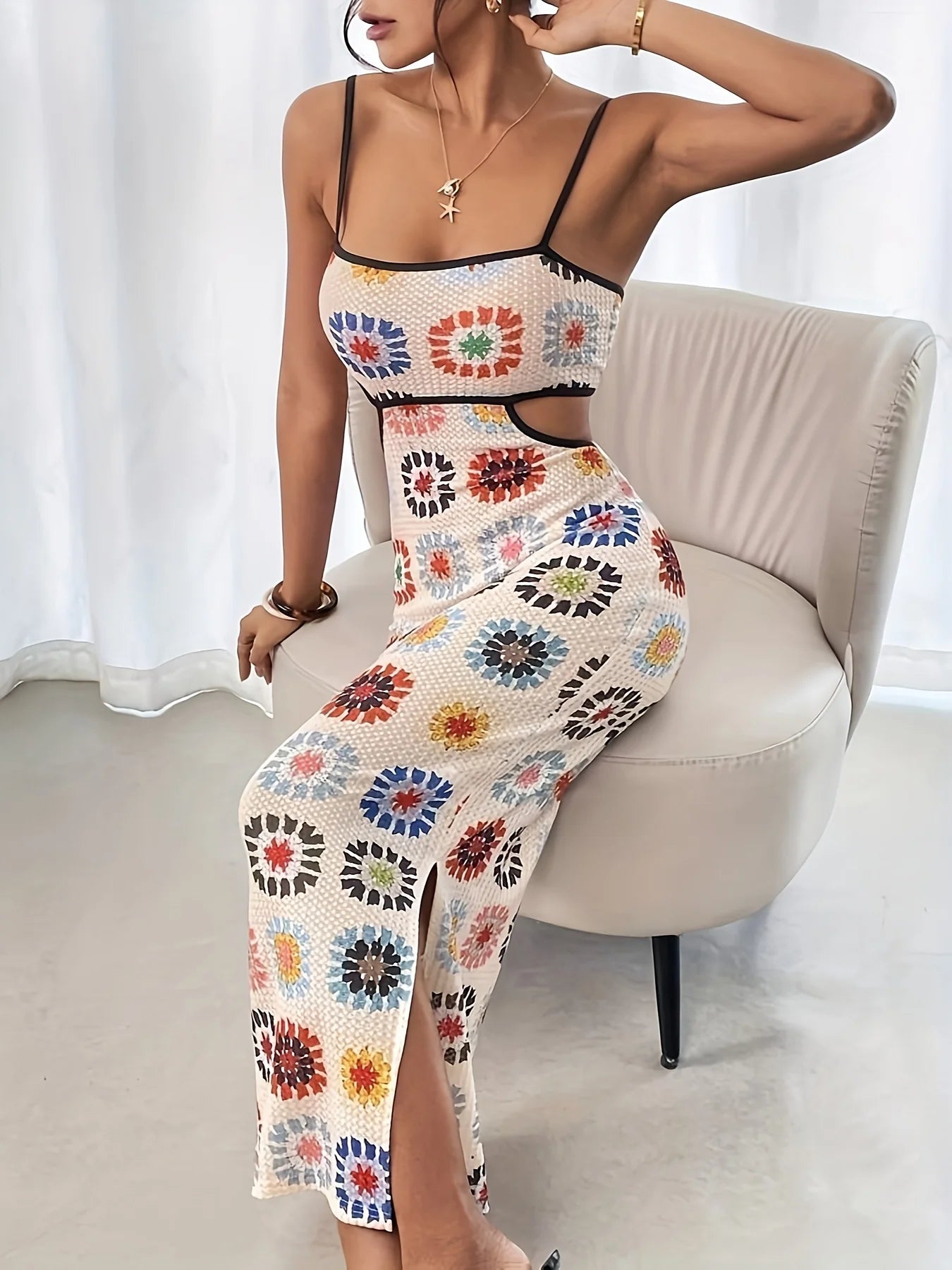 Floral Bodycon Midi Dress Women | Spaghetti Strap Cut Out Summer Dress