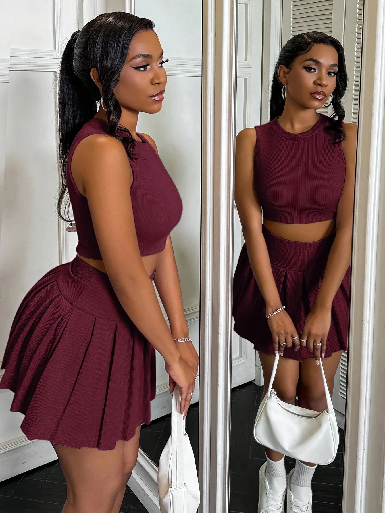 Women's Sleeveless Crop Top & Pleated Skater Skirt Co-Ord Set | Trendy Two Piece Tennis Style Outfit