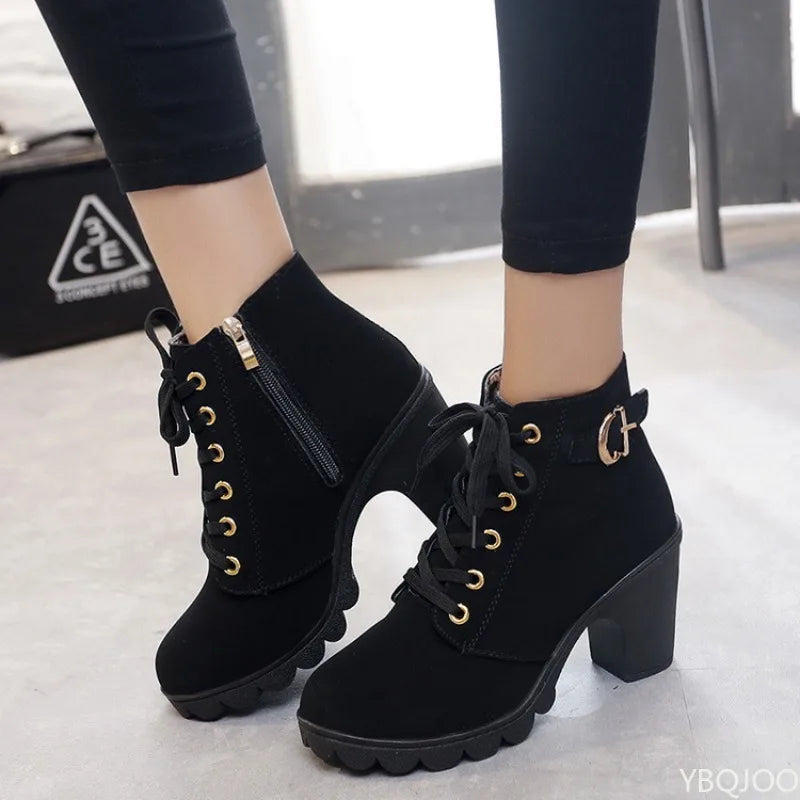 Women’s Chunky Heel Ankle Boots – Lace-Up Platform Boots for Casual, Biker & Winter Fashion Wear