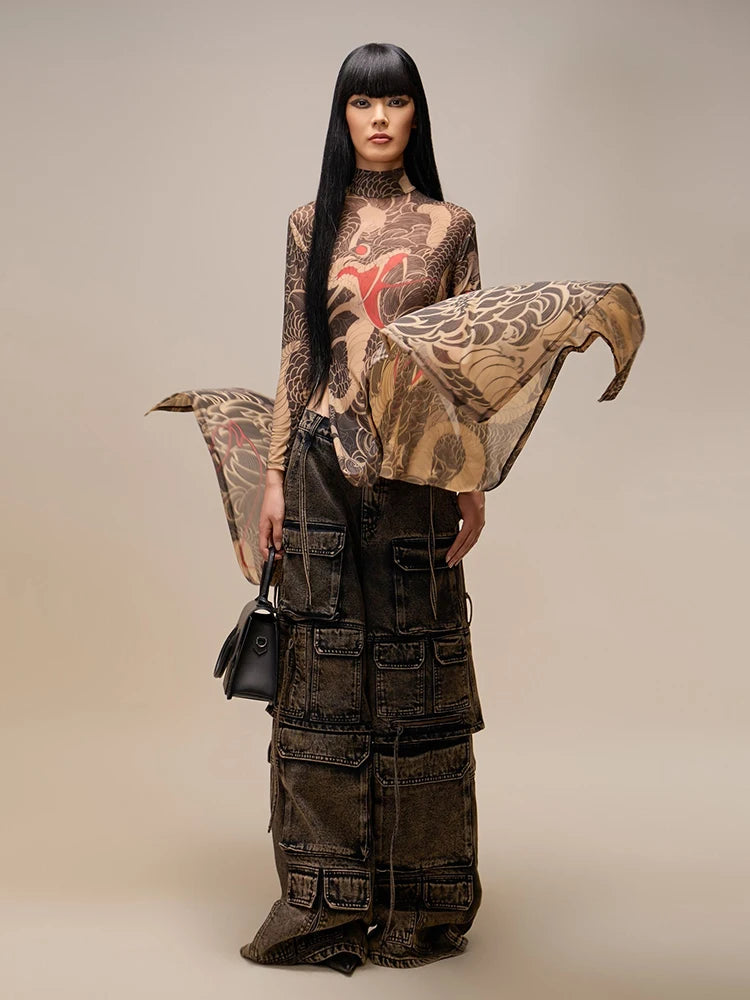Dragon Print Maxi Dress Women | Long Sleeve High Neck Bodycon Dress