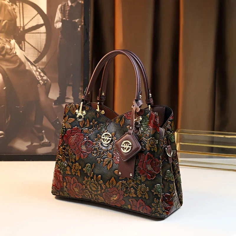 Vintage Floral Handbag for Women | Elegant Designer Shoulder Tote | Embossed Leather Crossbody Purse | Fashion Everyday Bag