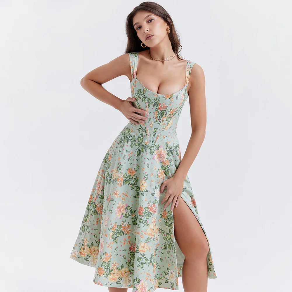 Floral Corset Midi Dress | Summer A Line Dress with Slit