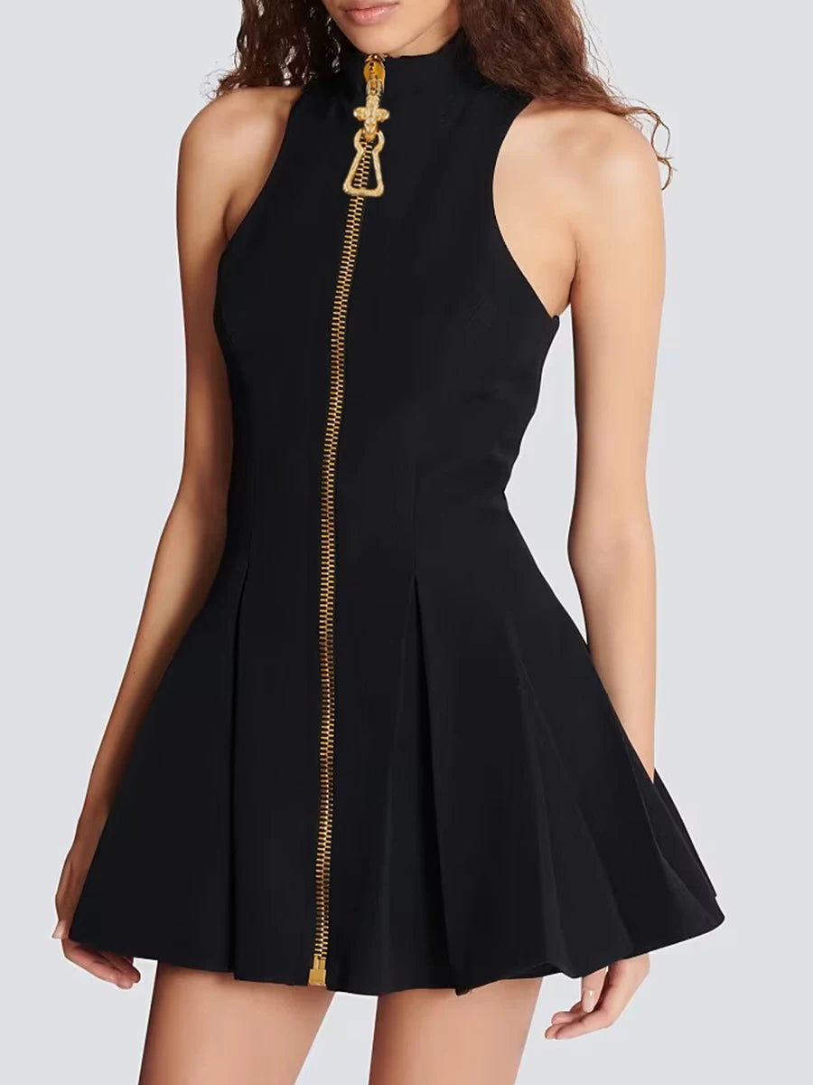 Women’s Black Zip Front Mini Dress | Elegant Sleeveless A-Line Cocktail Party Dress