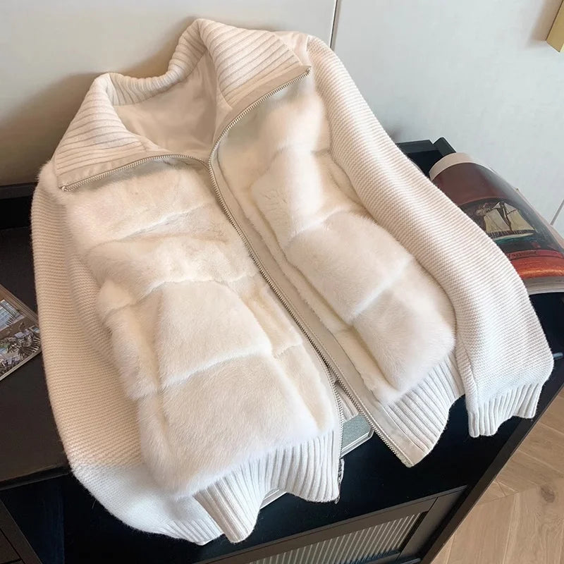 Women’s Faux Fur Knit Zip Cardigan | Luxe Cream Winter Sweater Jacket Coat