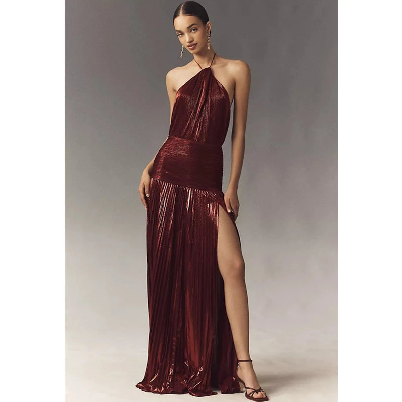 Halter Neck Pleated Maxi Dress Women | High Split Evening Party Dress