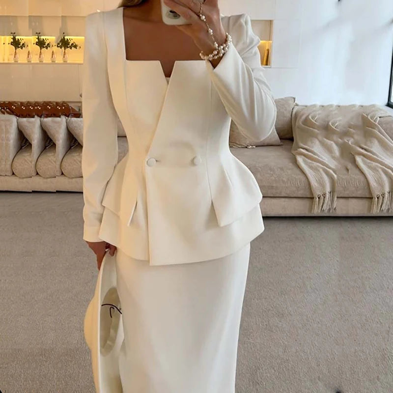 Women's Tailored Blazer & Midi Skirt Co-Ord Set | Elegant Formal Two Piece Suit Outfit