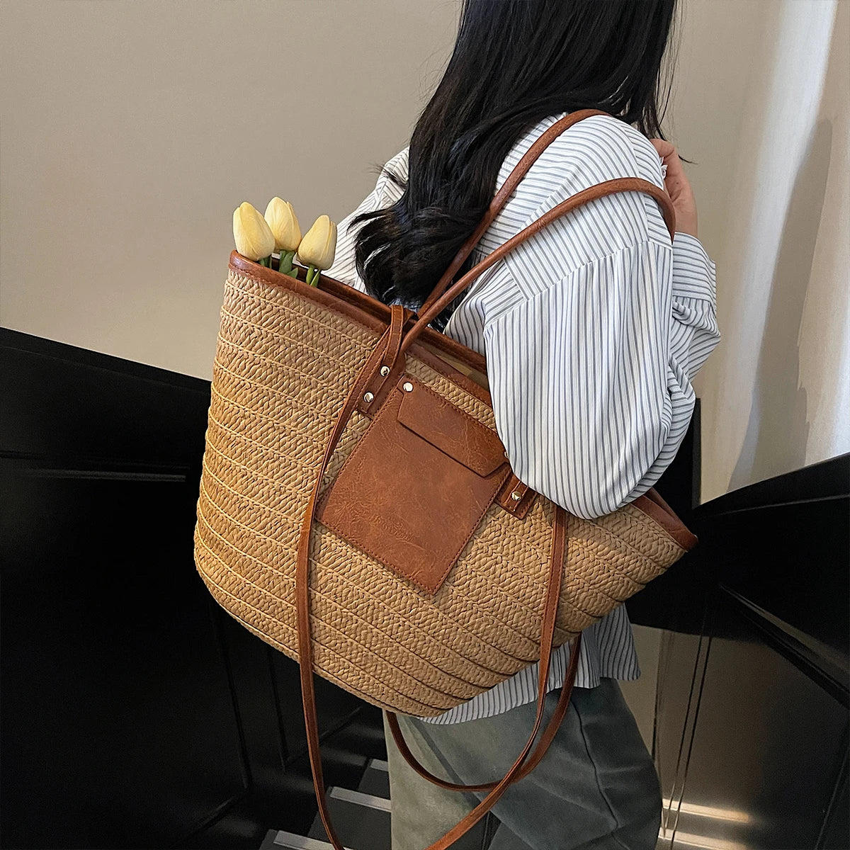 Woven Straw Tote Bag for Women | Summer Beach Shoulder Handbag | Boho Casual Shopper Purse | Large Capacity Travel Bag