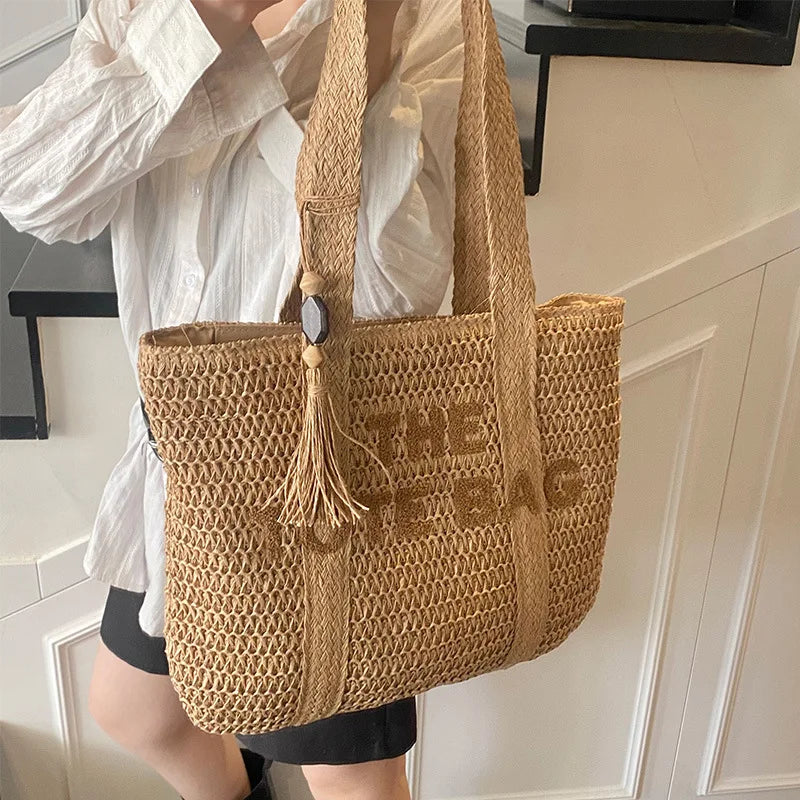 Woven Straw Tote Bag for Women | Boho Beach Shoulder Handbag | Large Capacity Summer Shopper Purse | Casual Travel Tote