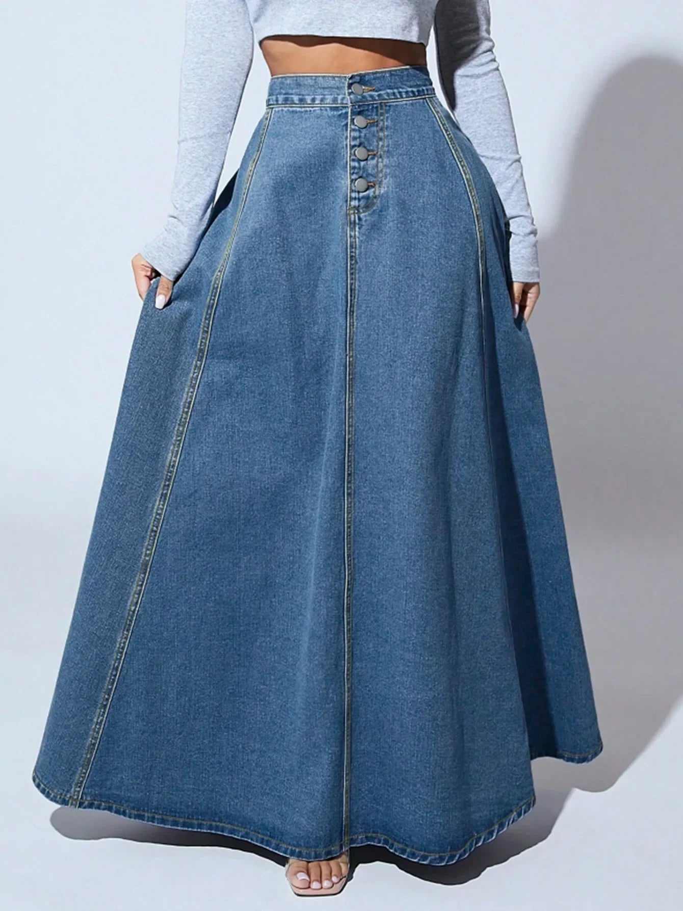 Women High Waist Denim Maxi Skirt Button Detail A Line Long Skirt