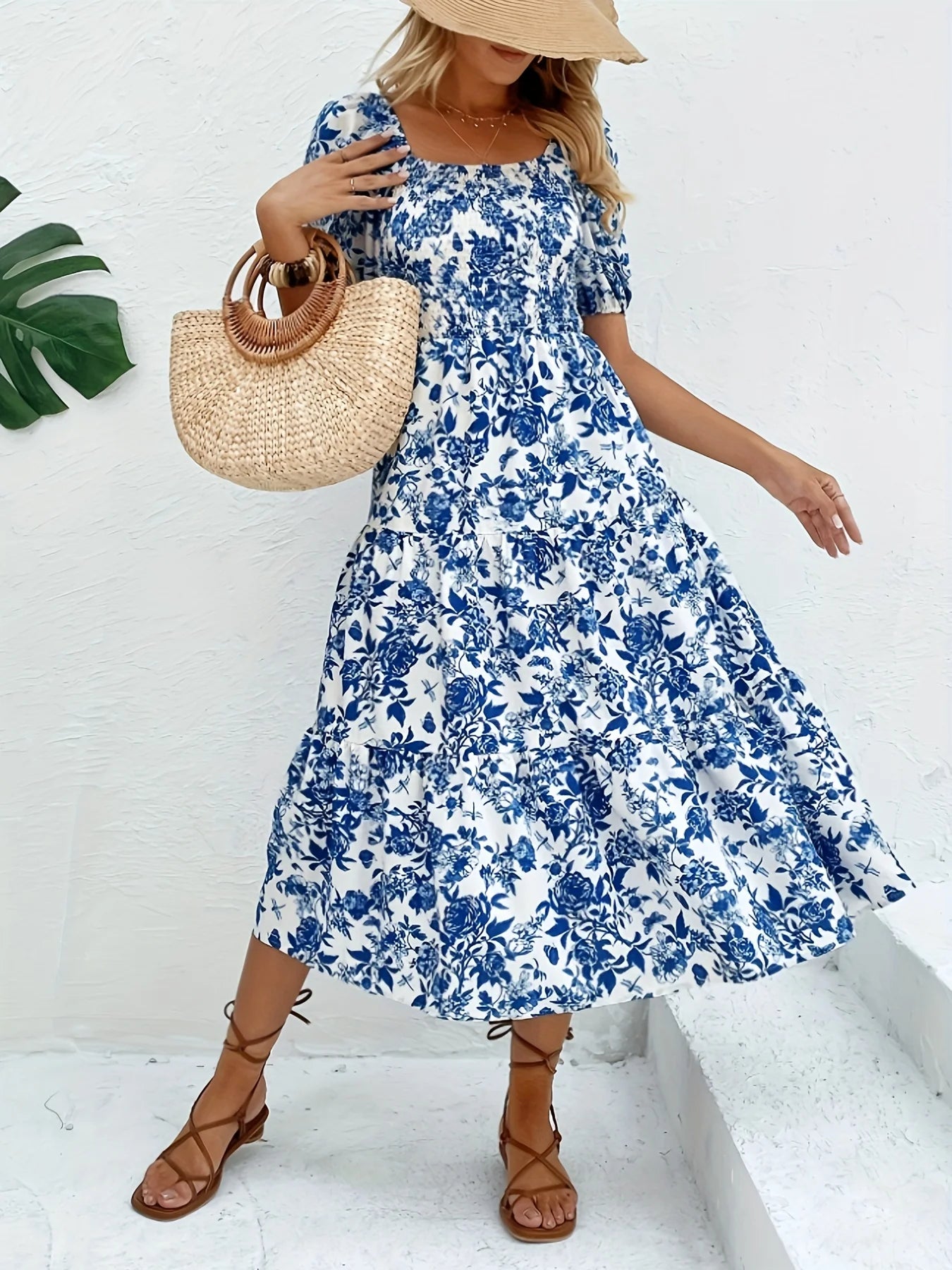 Women’s Blue Floral Midi Dress | Vintage Puff Sleeve Smocked Summer Dress for Vacations & Garden Parties