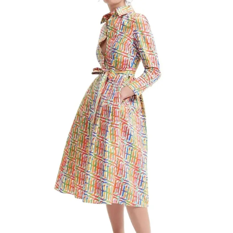 Printed Shirt Midi Dress Women | Long Sleeve Belted A Line Elegant Dress