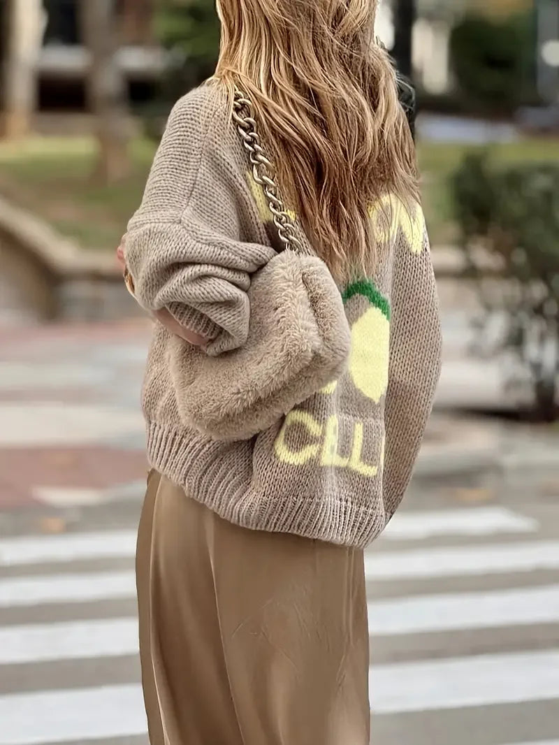 Women’s Oversized Graphic Knit Sweater | Vintage Fruit Pattern Cozy Chunky Pullover