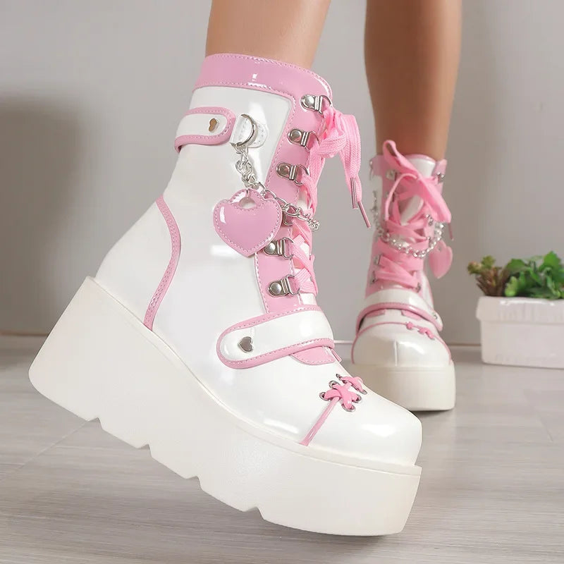 Women’s Kawaii Platform Boots – Chunky Lace-Up Ankle Boots for Harajuku, Cosplay & Y2K Fashion