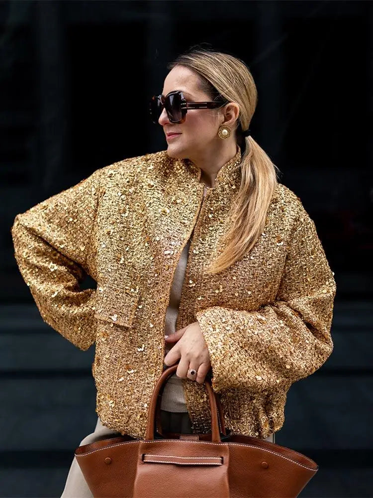 Women’s Gold Sequin Bomber Jacket | Glam Sparkly Cropped Party Puffer Coat