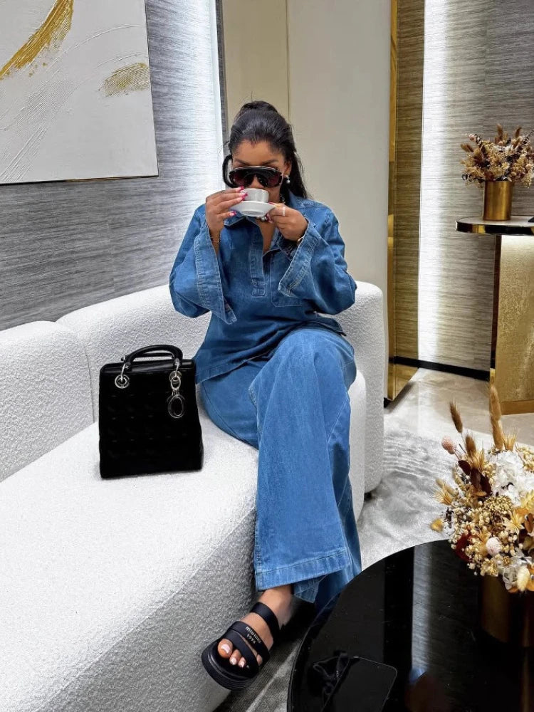 Women's Denim Co-Ord Set | Relaxed Fit Shirt & Wide Leg Trousers Matching Outfit