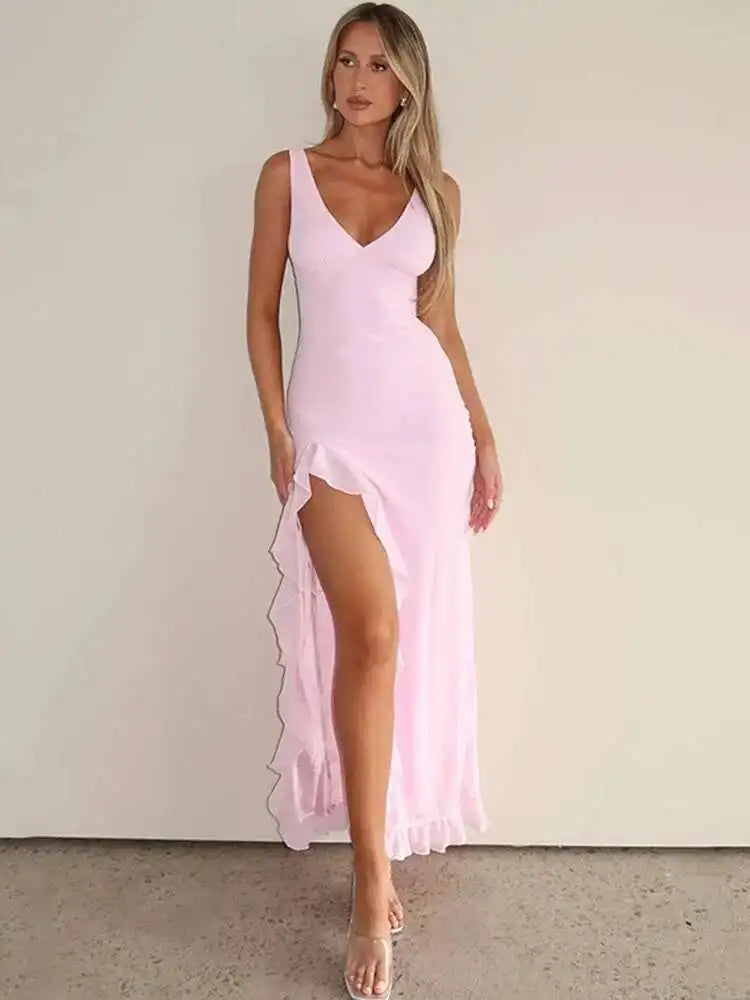High Split Maxi Dress Women | V Neck Ruffle Evening Party Dress