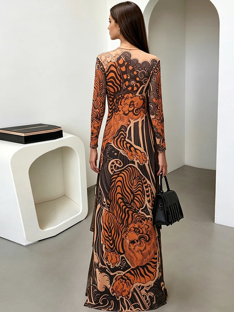 Tiger Print Maxi Dress Women | Long Sleeve High Neck Statement Dress
