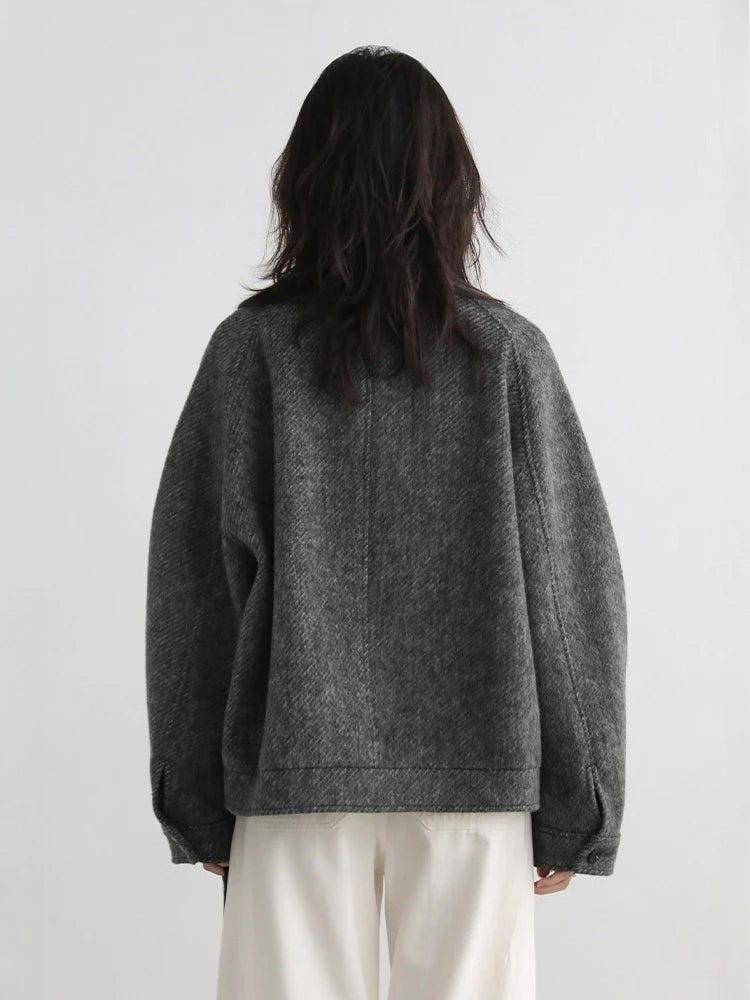 Women’s Minimalist Grey Wool Blend Jacket | Oversized Button Front Casual Coat