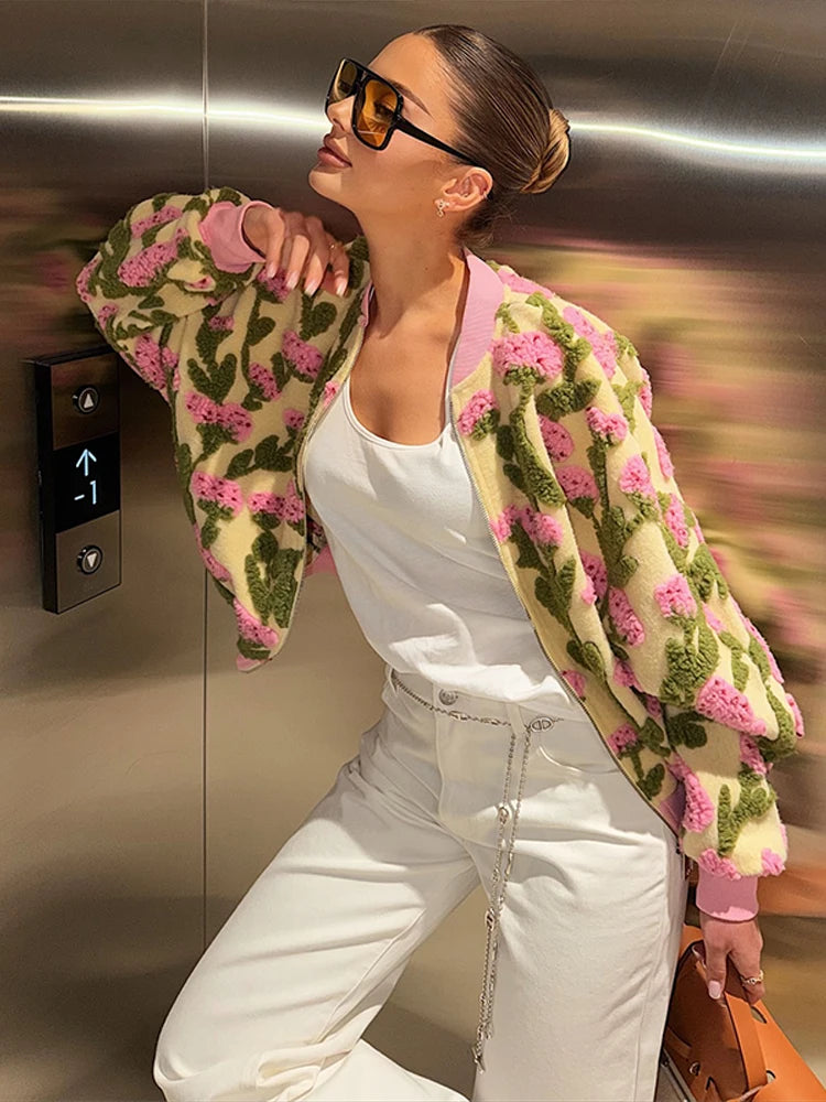 Women’s Floral Textured Bomber Jacket | Oversized Cozy Teddy Zip-Up Statement Coat