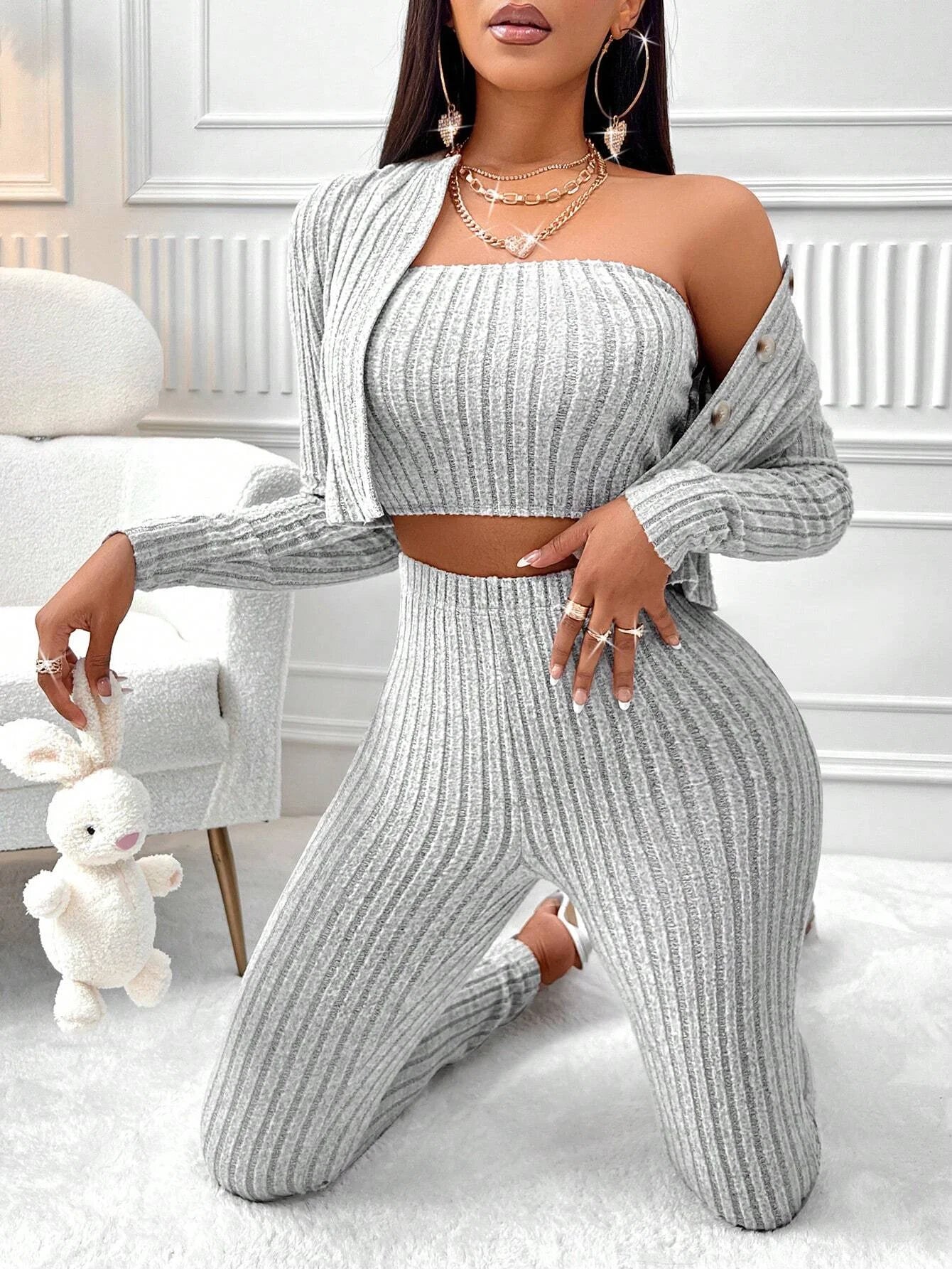 Women's Ribbed Knit Three Piece Co-Ord Set | Bandeau Top, Cardigan & High Waist Trousers Outfit
