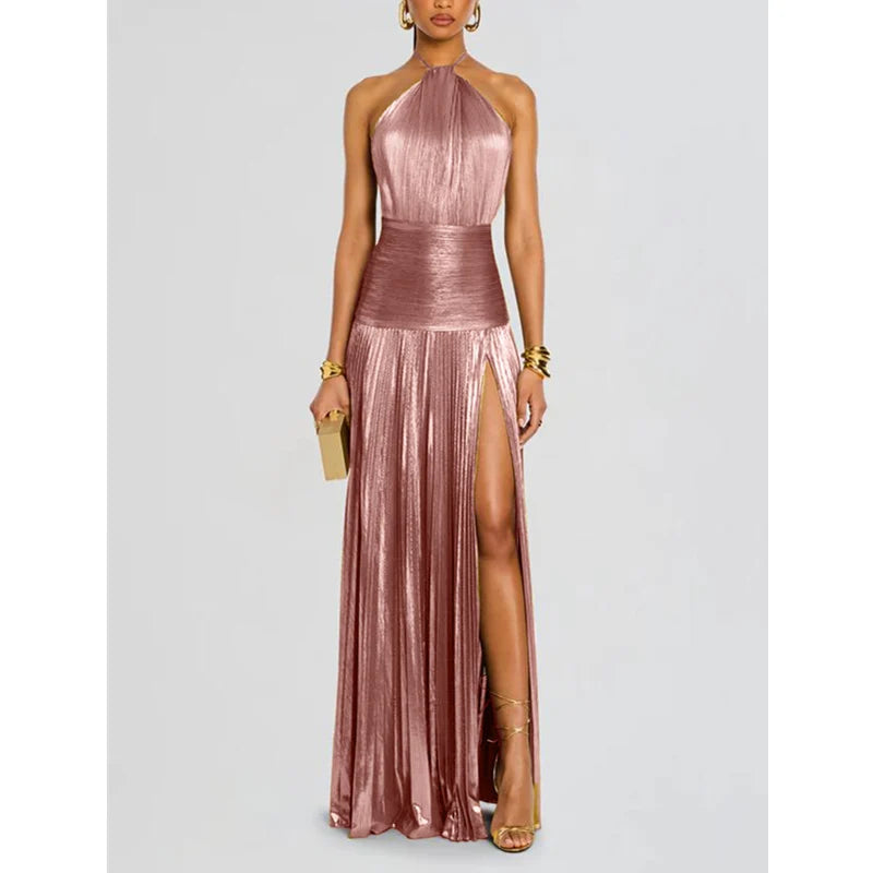 Halter Neck Pleated Maxi Dress Women | High Split Evening Party Dress