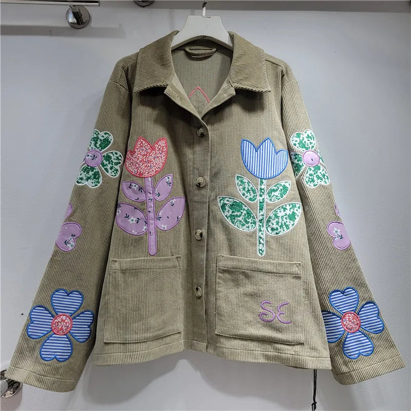 Women’s Floral Patchwork Corduroy Jacket | Vintage Embroidered Button Front Shacket