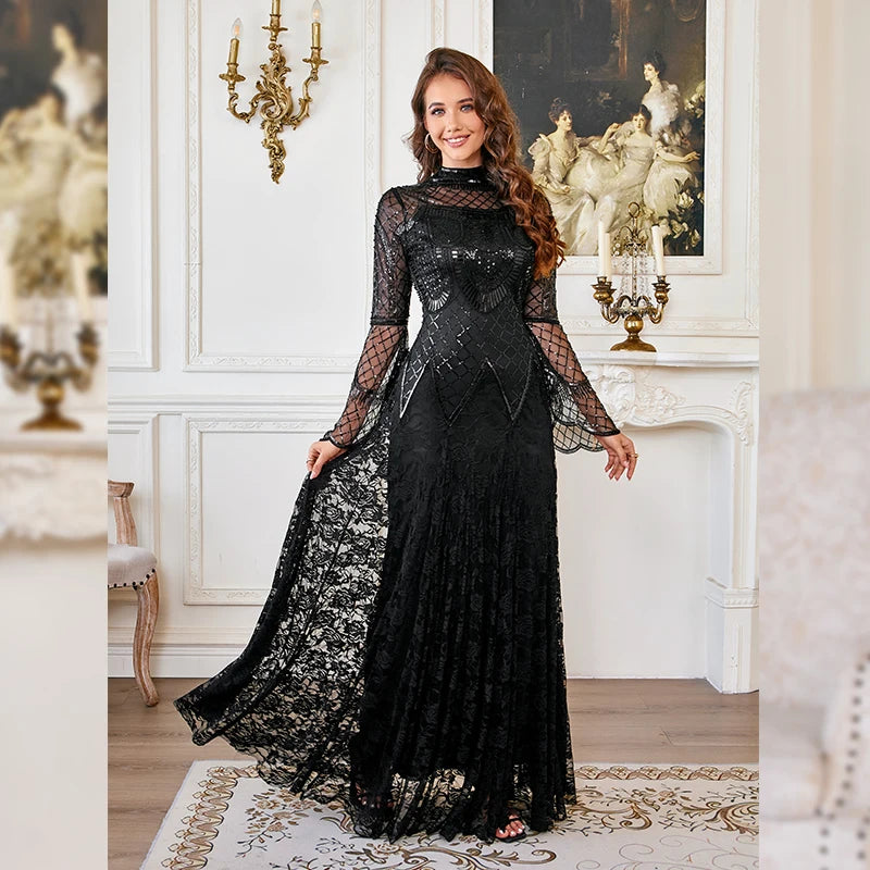 Women’s Black Lace Maxi Dress | Elegant Long Sleeve High Neck Evening Gown for Weddings, Formal Parties & Special Occasions