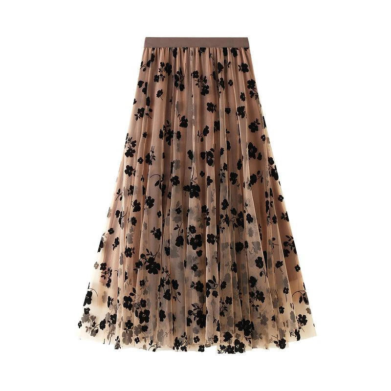 Women Floral Embroidered Tulle Maxi Skirt High Waist Mesh A Line Skirt