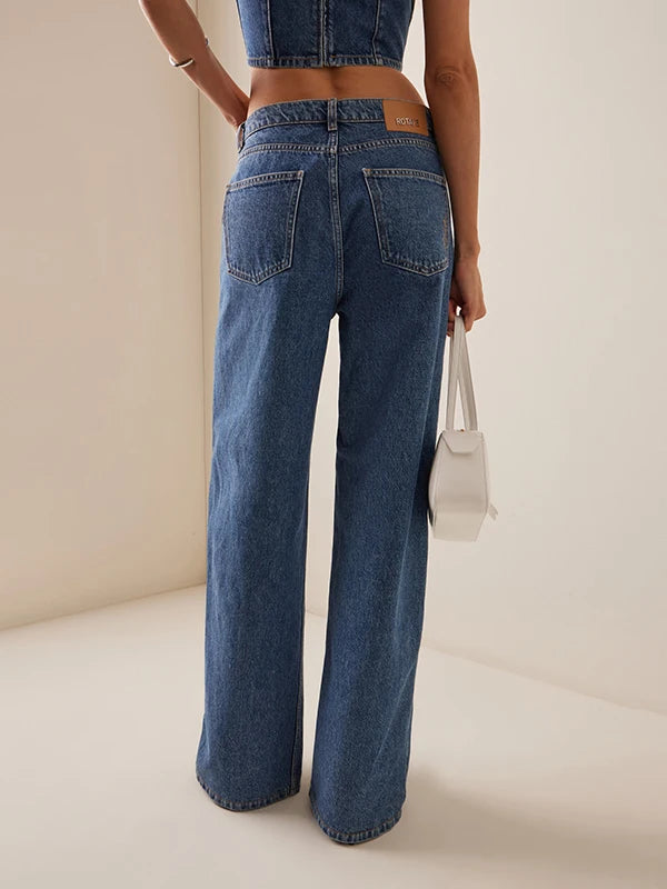 Women High Waist Wide Leg Button Detail Jeans Vintage Streetwear Denim Pants
