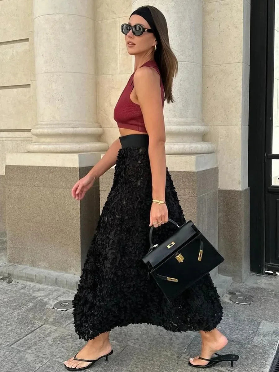 Women 3D Floral Applique Maxi Skirt High Waist Luxury A Line Long Skirt