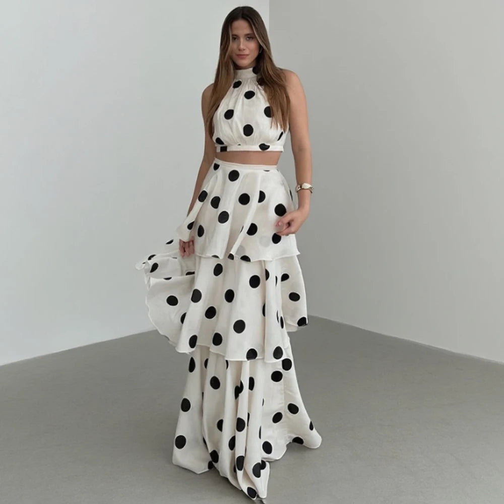 Women's Polka Dot Halter Crop Top & Tiered Maxi Skirt Co-Ord Set | Elegant Two Piece Occasion Outfit