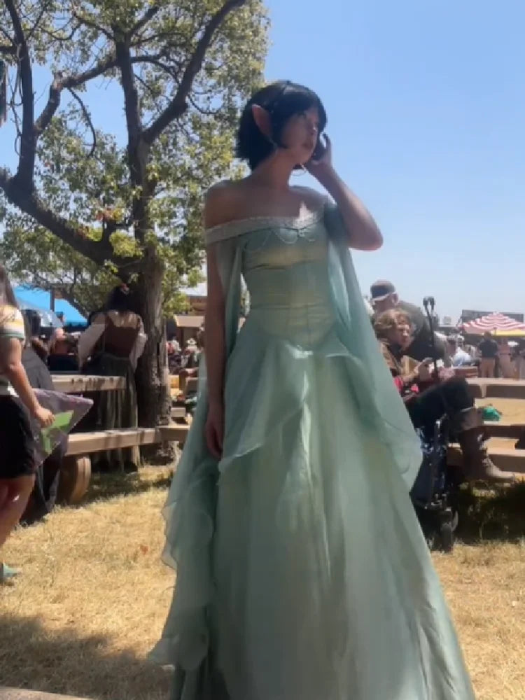 Women’s Sage Green Off Shoulder Princess Ball Gown | Corset Maxi Dress with Cape Sleeves for Prom, Renaissance Fair & Formal Events