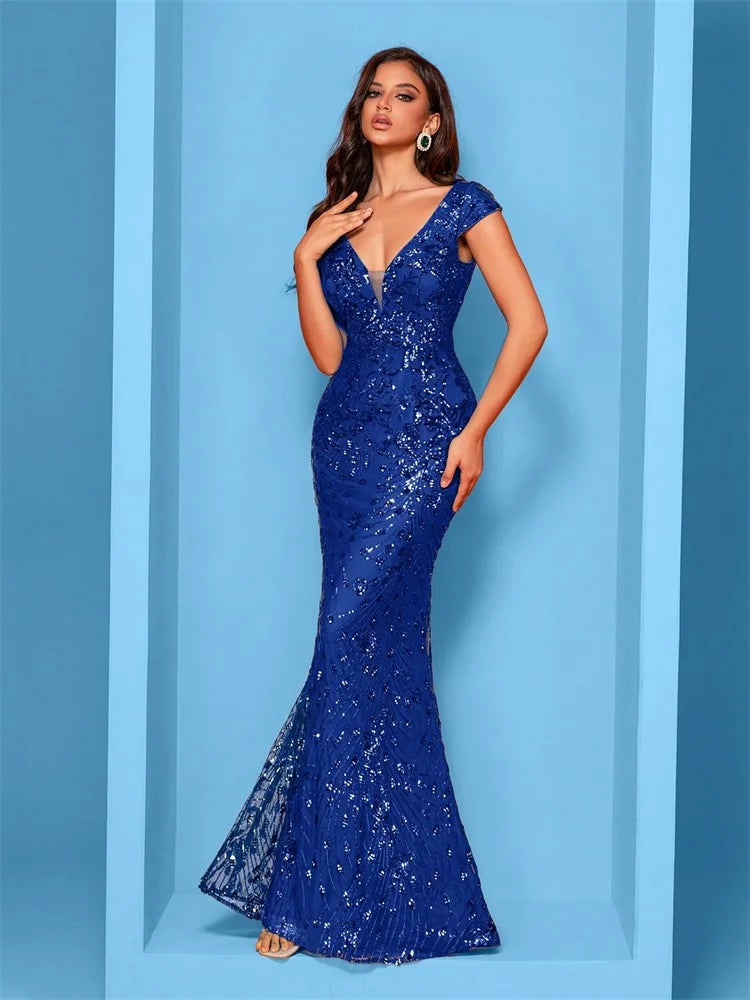 Women’s Royal Blue Sequin Mermaid Evening Gown | Deep V-Neck Formal Maxi Dress for Prom, Galas, Weddings & Black Tie Events