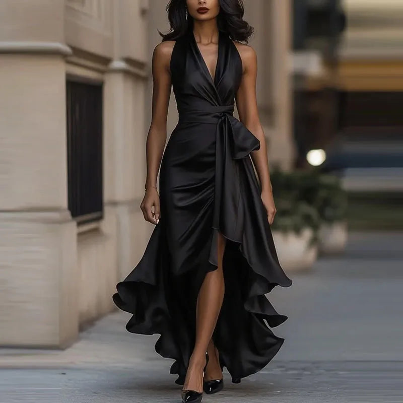 Satin Halter Neck Maxi Dress with High Low Hem | Elegant Evening Dress