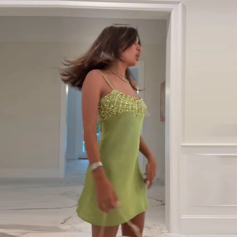 Women’s Lime Green Sequin Satin Mini Dress | Sparkly Fringe Bodycon Party Dress for Clubwear & Vacation Nights