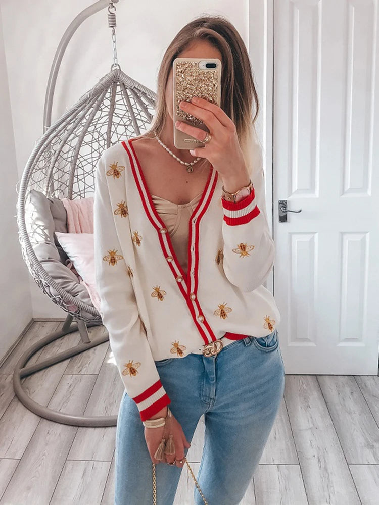 Women’s Bee Embroidered Cardigan Sweater | White V-Neck Preppy Knit Cardigan with Red Trim