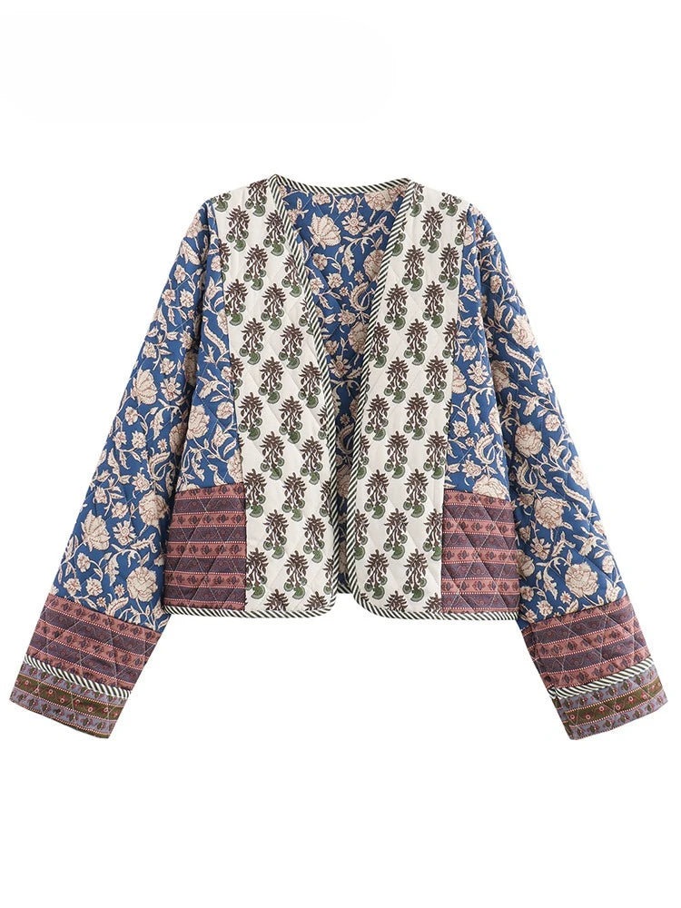 Women’s Boho Patchwork Quilted Jacket | Vintage Floral Printed Ethnic Cropped Coat